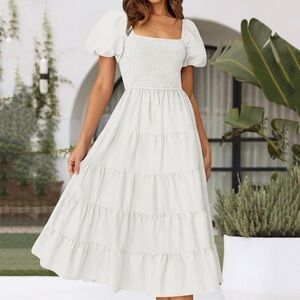 ZESICA White Puff Sleeve Smocked Midi Dress Cottagecore Bridal Square Neck Small